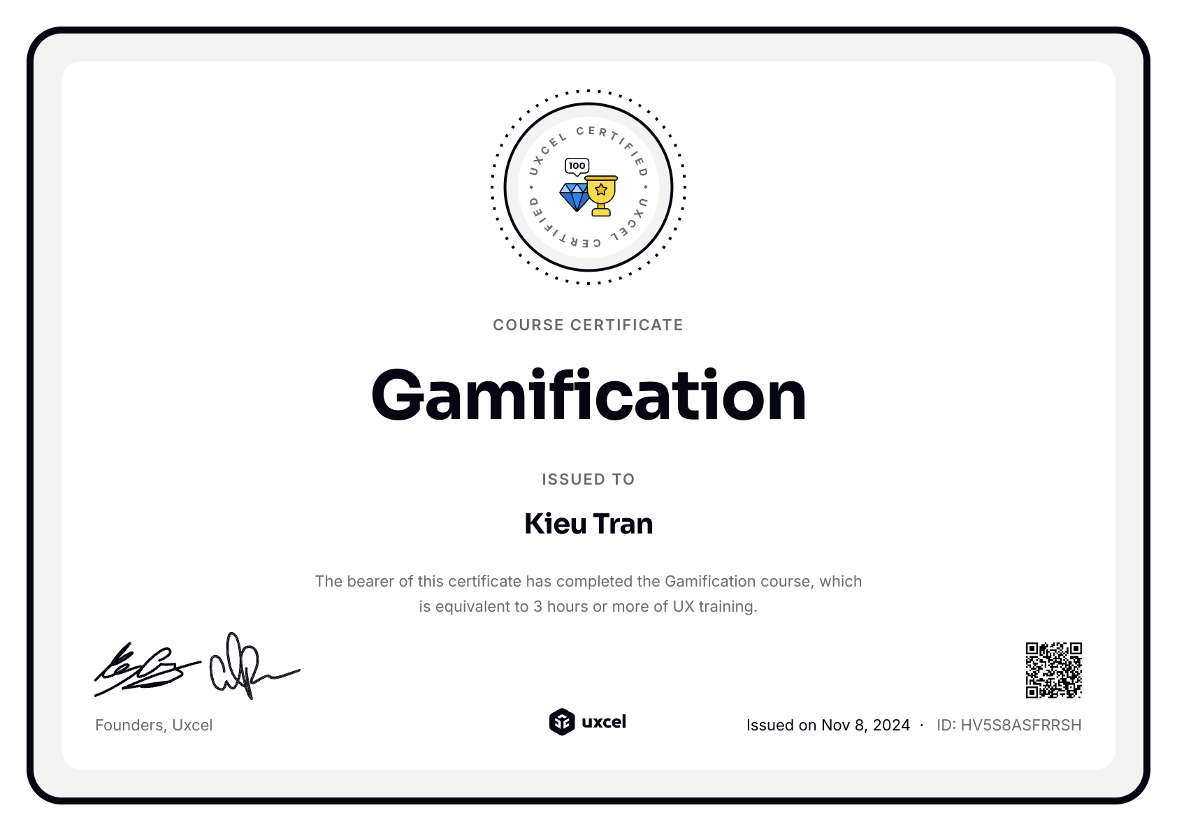 Kieu Tran's certificate